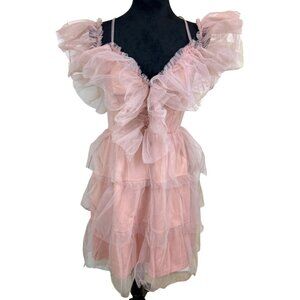 NWT Fairycore Princess Ballet Blush Pink Tulle Off Shoulder Mini Tutu Dress Size